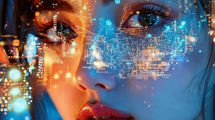 Fototapete - A captivating model stands against a night urban backdrop, her face illuminated by a mesmerizing digital projection of city lights and colors.