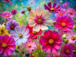 Poster - Vibrant Abstract Cosmos Flower Collage: Colorful Floral Burst Stock Photo
