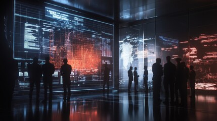 Poster - Businesspeople engaging in a meeting, analyzing graphs and code on a transparent screen within a modern office featuring a sleek, dark, shiny floor, highlighting innovation and collaboration