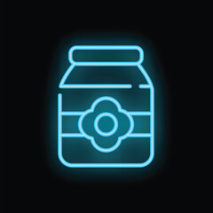 Wall Mural - Blue neon icon of a jam jar glowing on a black background