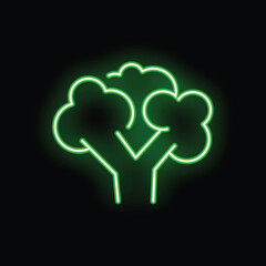 Wall Mural - Bright green neon sign showing a broccoli vegetable on a black background