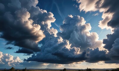 dramatic lighting enhances a vibrant blue sky with dramatic cloud formations , vivid colors, atmosph