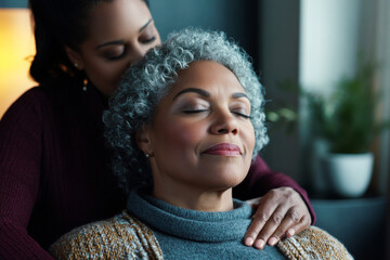 Senior woman closes her eyes while enjoying relaxing massage in spa. Concept of self care, wellness and relaxation in later life