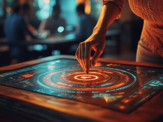 Poster - The concept of cyber security, personal data protection, and business privacy is depicted. A floating shield and lock icon symbolize security as a woman scans her finger to gain access on her laptop