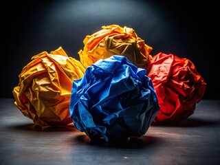 Poster - Vibrant Crumpled Paper Balls: Abstract Blue, Yellow, Red Art