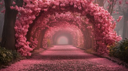 an arched pathway is covered in fallen pink petals.
