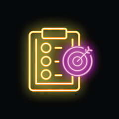 Poster - Neon icon of a clipboard with a checklist and a target is glowing, representing the concept of business goals