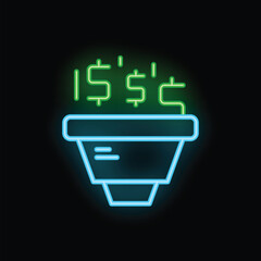Poster - Neon glowing icon of sales funnel converting traffic into money, with dollar symbol rain