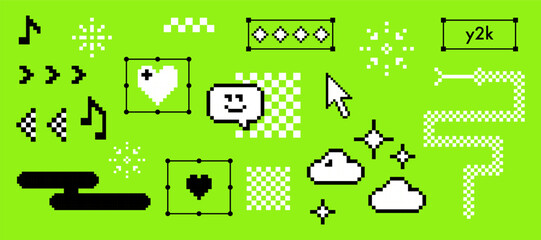 Fototapete - Pixel icons set. Y2k trendy stickers. Mood of 90s aesthetics. 8 bit retro style vector illustration. Acid green background. Simple geometric pattern. Snake, arrow, heart, cloud. Game abstract elements