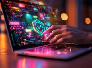 Poster - Worldwide internet network security technologies and privacy protection concepts, encapsulated by a holographic safety shield icon being pointed at by a businessman's hand while he works on a laptop