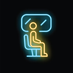Poster - neon sign icon of a passenger sitting on a train seat, glowing on a black background