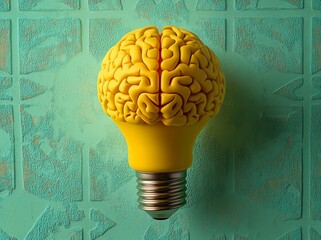 Poster - Stock creative innovation and technology idea concept. AI, letters with digital brin on a yellow electric LED light bulb in the center of a target icon, with a green background, minimalistic design