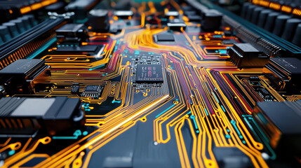 Poster - close up of intricate computer hardware with vibrant circuit patterns and components