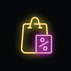 Poster - Neon shopping bag with discount tag glowing on black background, concept of sales and promotions