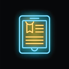 Poster - neon icon of a smartphone displaying an electronic certificate with a bookmark
