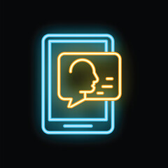 Poster - glowing neon line icon of a smartphone displaying a voice message notification on a black background