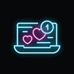 Poster - Neon laptop showing online dating profile with likes and new message notification, concept for finding love online