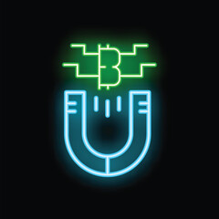 Poster - neon icon of a magnet attracting a bitcoin cryptocurrency mining farm representing the concept of mi