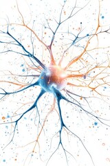 Poster - An artistic depiction of a neuron showcasing intricate connections and vibrant colors, emphasizing the complexity of the nervous system.