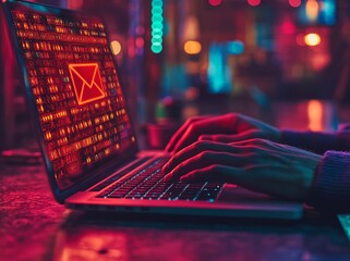Poster - A warning alert icon in an opened envelope illustrates SMS spam and a fake text message phishing scam. A laptop computer screen displays scam malware spreading viruses while a man checks his hacked