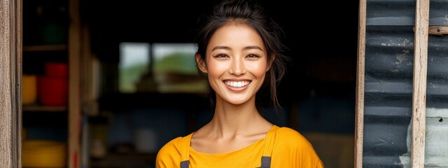 Wall Mural - Smiling Asian Woman Portrait in an Outdoor Setting