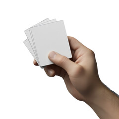 Poster - A close-up shot showcases a hand delicately holding a stack of blank white square cards against a black backdrop.