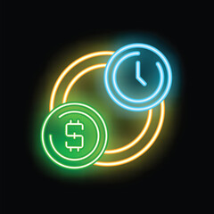 Poster - neon sign illustrating the concept of time being money with a clock and a coin, ideal for time manag