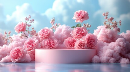 Beautiful pink roses surrounded by soft clouds studio setting floral display serene atmosphere close-up view nature inspiration