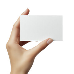 Poster - A close-up image shows a female hand gently holding a blank white business card against a white background.