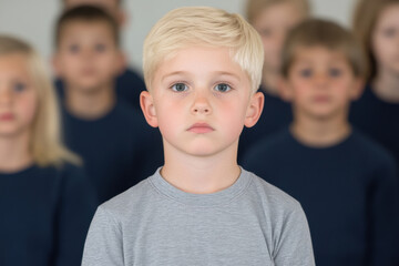 A young boy with blonde hair stands in front of a group of children