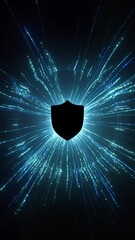 Poster - Dynamic, futuristic shield pulsates with energy, surrounded by a spherical force field. Particles explode outward, perfect for social media.