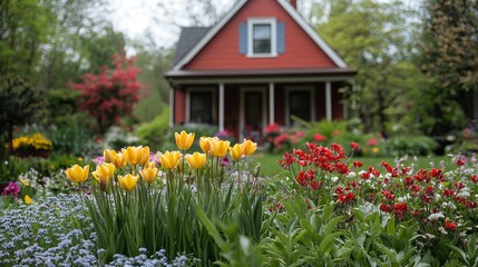 Poster - Colorful flowers like yellow tulips and bright red blossoms fill the garden, creating a picturesque view. Lush greenery and a cozy red house enhance the serene spring atmosphere