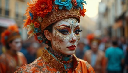 Woman in traditional costume and makeup. Concept of culture, festival, and celebration.