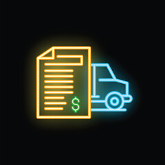 Poster - Glowing neon icon of a delivery invoice representing online order tracking and shipping costs