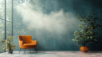 Poster - A tranquil space showcases a vibrant orange chair set against a serene teal wall