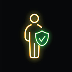 Poster - Neon sign representing a person holding a shield with a check mark, symbolizing security and protection
