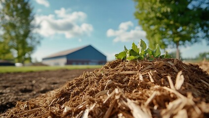 Wall Mural - Young plant in mulch, farm background, sunny day, gardening