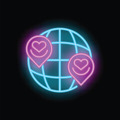 Poster - neon glowing location pins showing global connection with a heart shape
