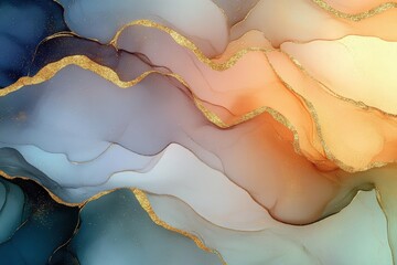 Poster - Ethereal Fluid Abstraction with Golden Accents in Soft Pastels and Rich Hues