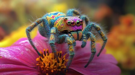 Fluffy and colorful spider with intricate patterns on its body perched on a vibrant flower