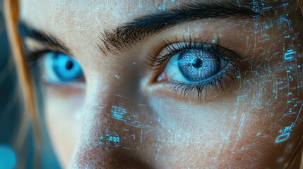 Poster - Intense Gaze Woman with Futuristic Digital Overlay
