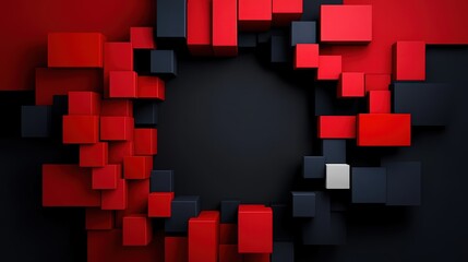 Abstract Red and Black Blocks: A dynamic composition of red and black three-dimensional blocks creates a visually striking abstract design. The blocks form a circular frame.