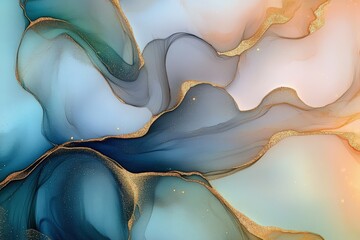 Poster - abstract fluid artwork in natural luxury tones featuring soft blues, warm golds, and elegant swirls