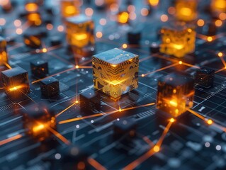 Poster - Interconnected Glowing Cubes Representing Data Network and Global Communication