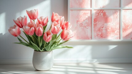 Aufkleber - Soft pink and white tulips bloom vibrantly in a sleek vase, filling the room with spring’s essence. Sunlight gently highlights their delicate petals, creating a serene ambiance