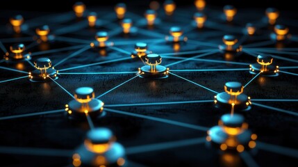 Poster - Interconnected Network Nodes with Glowing Lights in Dark Background