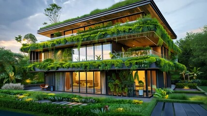 Poster - This stunning eco-friendly house features a modern design embraced by greenery, blending architecture with nature for a sustainable living experience.