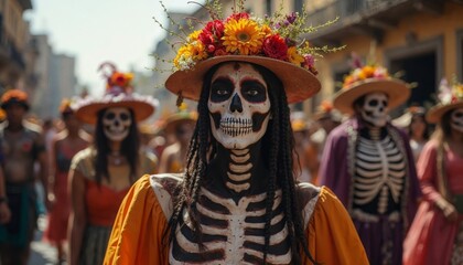 Wall Mural - Day of the Dead parade in Mexico. Concept of Mexican culture, tradition, and celebration.