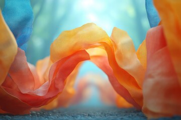 Poster - Ethereal Abstract Archway of Vibrant, Glowing Ribbons in a Dreamlike Landscape
