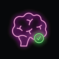 Poster - Neon brain glowing with a green check mark representing good mental health